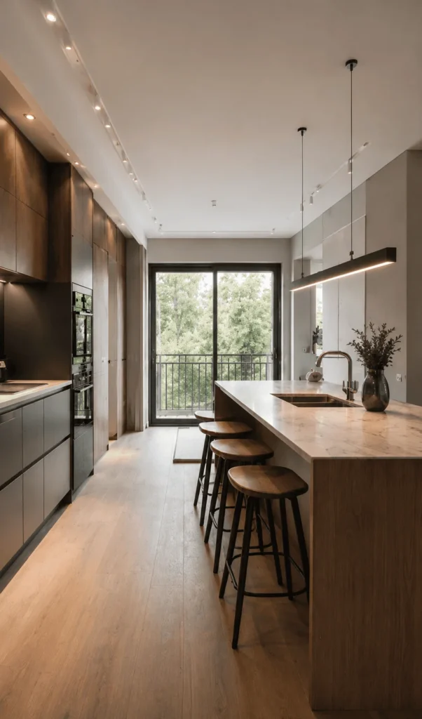 Cocina contemporánea de lujo en Madrid con isla central, acabados en madera natural y diseño minimalista