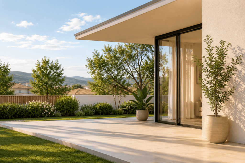 Arquitectura contemporánea minimalista con fachada de hormigón y vistas naturales al atardecer