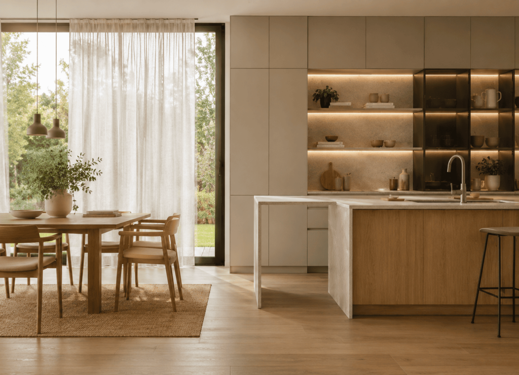Cocina de diseño contemporáneo en Madrid con acabados oscuros, iluminación cálida y mobiliario minimalista de lujo