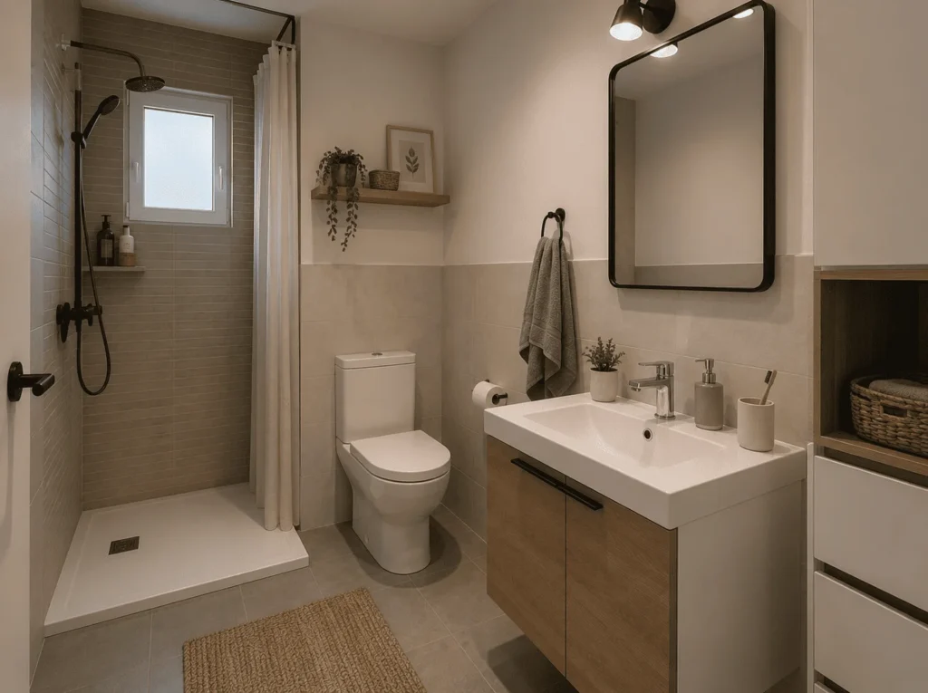 Diseño de baño moderno en Madrid con mobiliario de madera y acabados contemporáneos Diseño de baño moderno en Madrid con mobiliario de madera y acabados contemporáneos