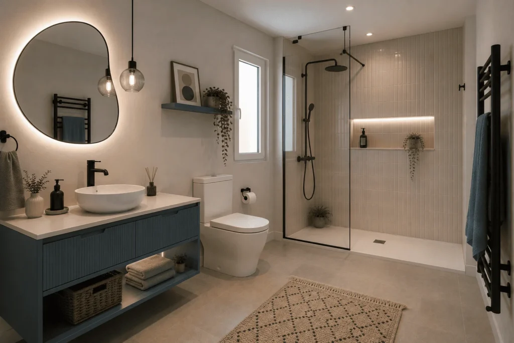 Reforma de baño moderno en Madrid con ducha a ras de suelo y mobiliario suspendido de madera Reforma de baño moderno en Madrid con ducha a ras de suelo y mobiliario suspendido de madera